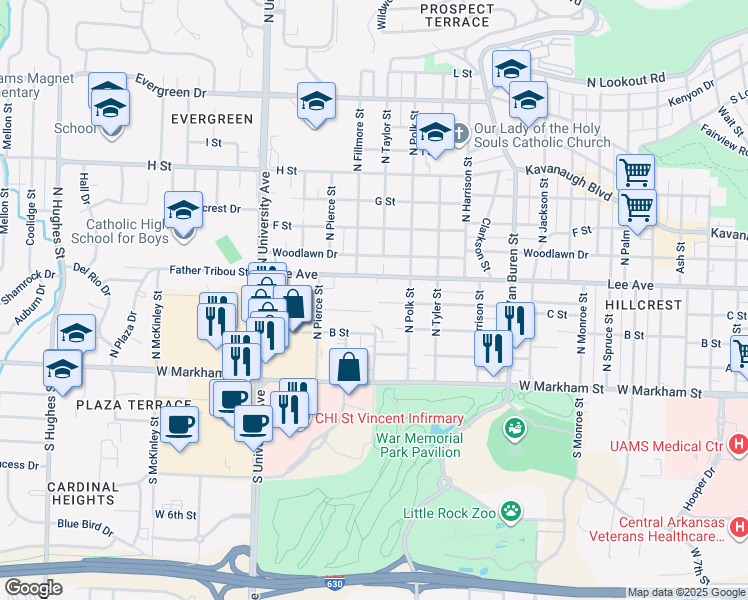 map of restaurants, bars, coffee shops, grocery stores, and more near 5516 C Street in Little Rock
