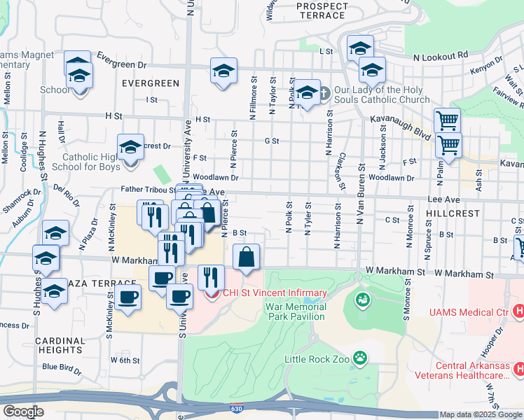 map of restaurants, bars, coffee shops, grocery stores, and more near 5620 C Street in Little Rock