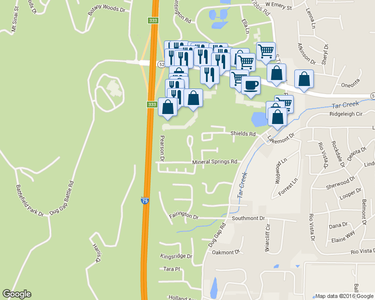 map of restaurants, bars, coffee shops, grocery stores, and more near 1406 Rosewood Circle in Dalton
