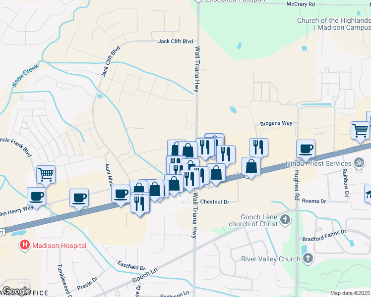 map of restaurants, bars, coffee shops, grocery stores, and more near 5968 Wall Triana Highway in Madison