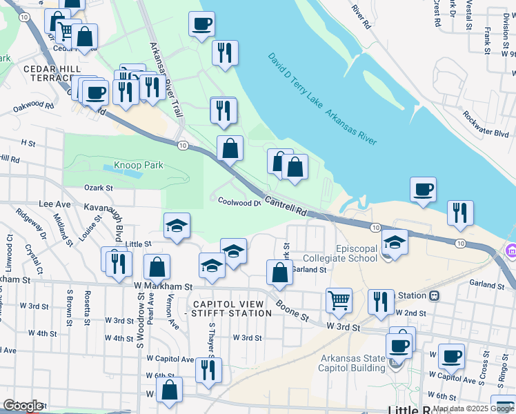 map of restaurants, bars, coffee shops, grocery stores, and more near 9 Coolwood Drive in Little Rock