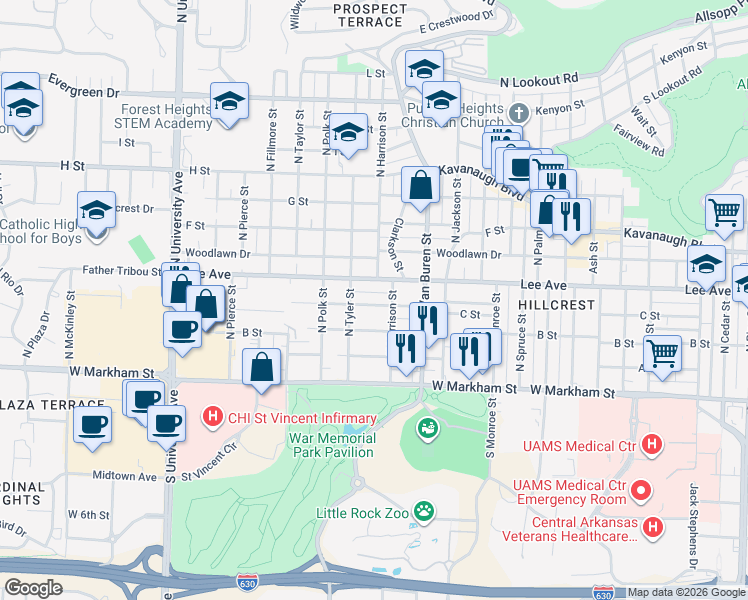 map of restaurants, bars, coffee shops, grocery stores, and more near 5312 C Street in Little Rock