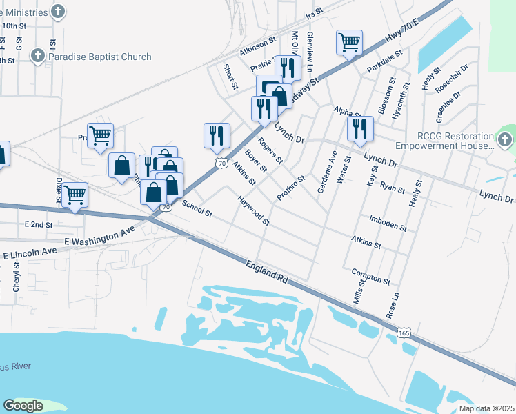 map of restaurants, bars, coffee shops, grocery stores, and more near 4617 Haywood Street in North Little Rock