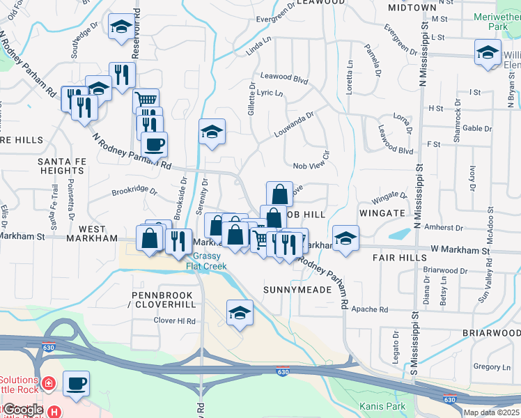 map of restaurants, bars, coffee shops, grocery stores, and more near 8500 North Rodney Parham Road in Little Rock