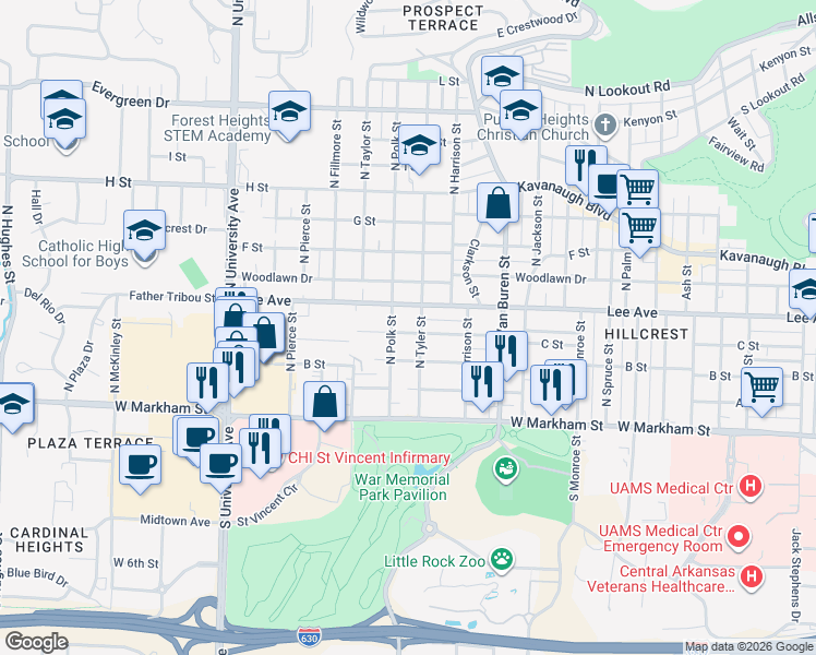 map of restaurants, bars, coffee shops, grocery stores, and more near 5410 C Street in Little Rock