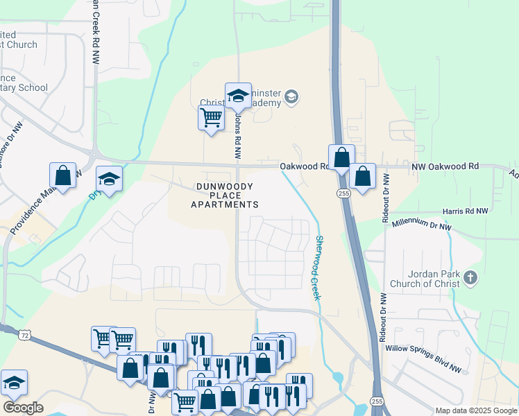 map of restaurants, bars, coffee shops, grocery stores, and more near 1554 Old Monrovia Road Northwest in Huntsville