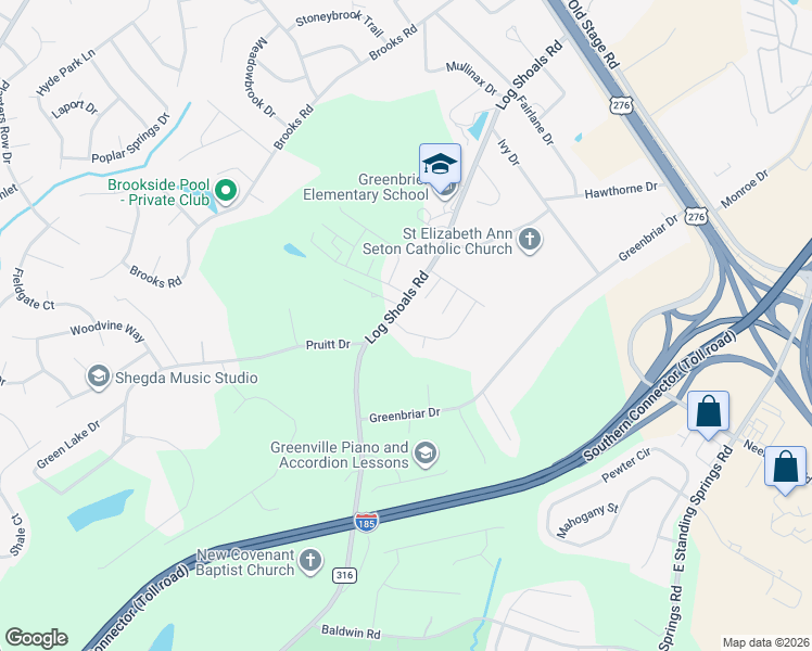map of restaurants, bars, coffee shops, grocery stores, and more near 108 Canyon Court in Greenville