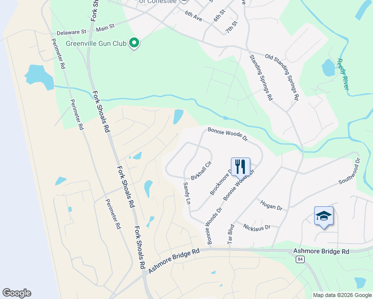 map of restaurants, bars, coffee shops, grocery stores, and more near 127 Birkhall Circle in Greenville