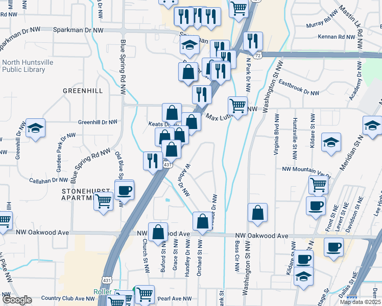 map of restaurants, bars, coffee shops, grocery stores, and more near 811 W Arbor Dr NW in Huntsville