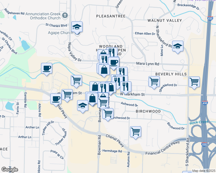 map of restaurants, bars, coffee shops, grocery stores, and more near 111 North Bowman Road in Little Rock