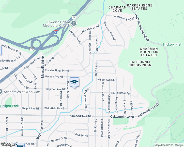 map of restaurants, bars, coffee shops, grocery stores, and more near 1902 Haynes Avenue Northeast in Huntsville