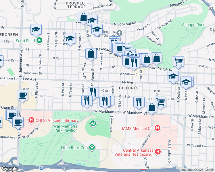 map of restaurants, bars, coffee shops, grocery stores, and more near 4818 Lafayette Avenue in Little Rock