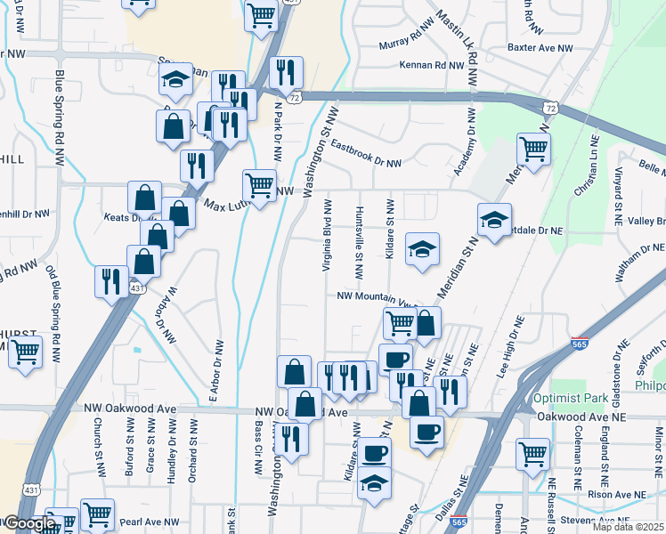 map of restaurants, bars, coffee shops, grocery stores, and more near 2412 Virginia Boulevard Northwest in Huntsville