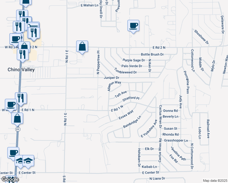 map of restaurants, bars, coffee shops, grocery stores, and more near 1325 Bannon Place in Chino Valley
