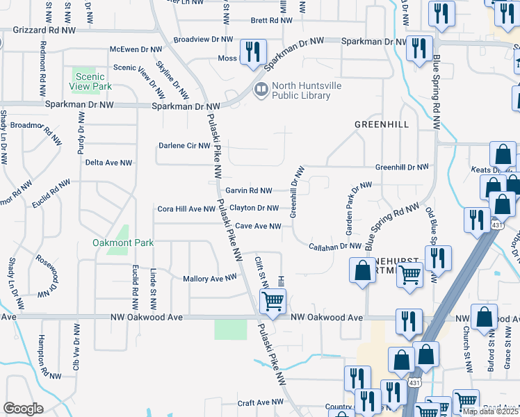 map of restaurants, bars, coffee shops, grocery stores, and more near 2725B Clayton Drive Northwest in Huntsville