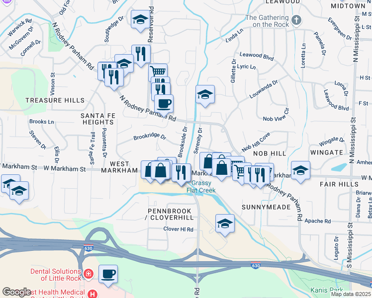map of restaurants, bars, coffee shops, grocery stores, and more near 221 Brookside Drive in Little Rock