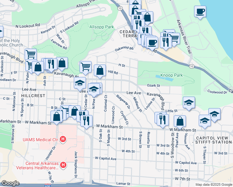 map of restaurants, bars, coffee shops, grocery stores, and more near 491 Ridgeway Drive in Little Rock