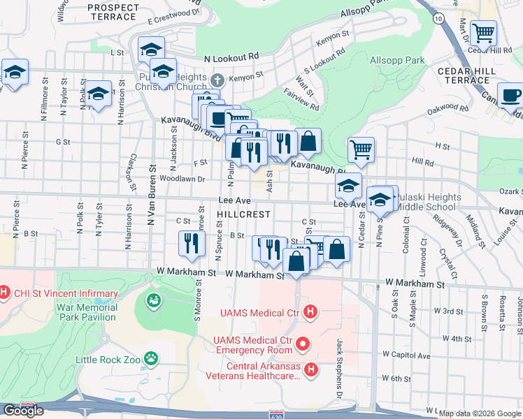 map of restaurants, bars, coffee shops, grocery stores, and more near 417 Beechwood Street in Little Rock