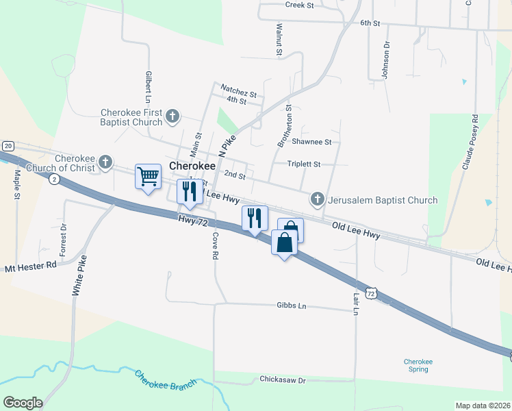 map of restaurants, bars, coffee shops, grocery stores, and more near Old Lee Highway in Cherokee