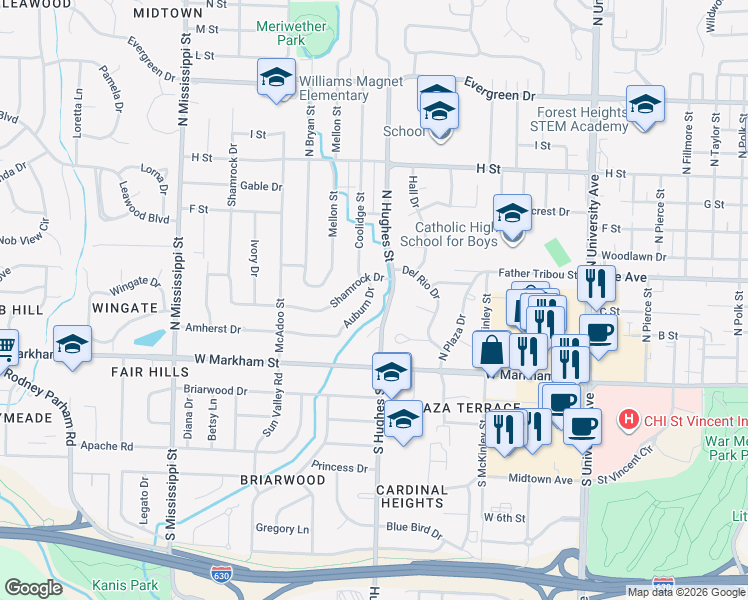 map of restaurants, bars, coffee shops, grocery stores, and more near 323 Auburn Drive in Little Rock