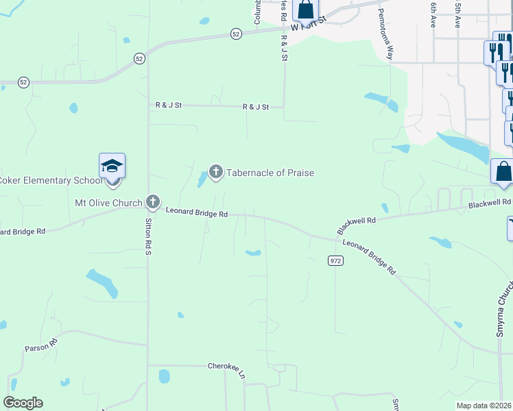 map of restaurants, bars, coffee shops, grocery stores, and more near 1269 Leonard Bridge Road in Chatsworth