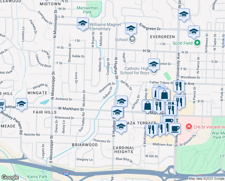 map of restaurants, bars, coffee shops, grocery stores, and more near 323 Auburn Drive in Little Rock