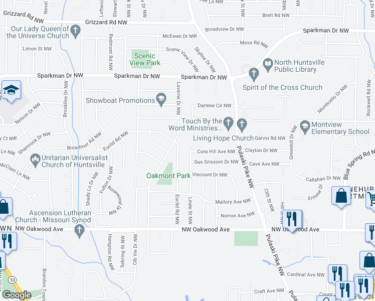 map of restaurants, bars, coffee shops, grocery stores, and more near 2223 Linde Street Northwest in Huntsville