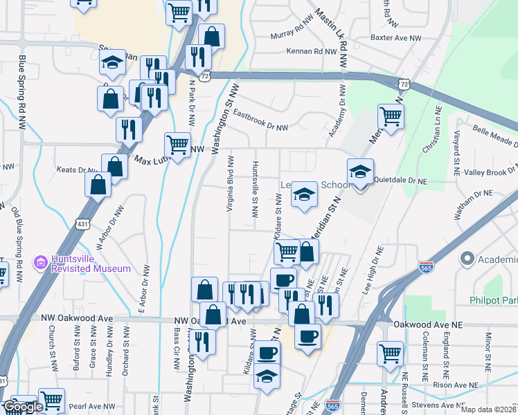 map of restaurants, bars, coffee shops, grocery stores, and more near 2500 Huntsville Street Northwest in Huntsville