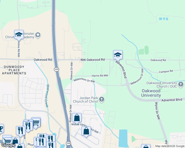 map of restaurants, bars, coffee shops, grocery stores, and more near 5497 Oakwood Road Northwest in Huntsville