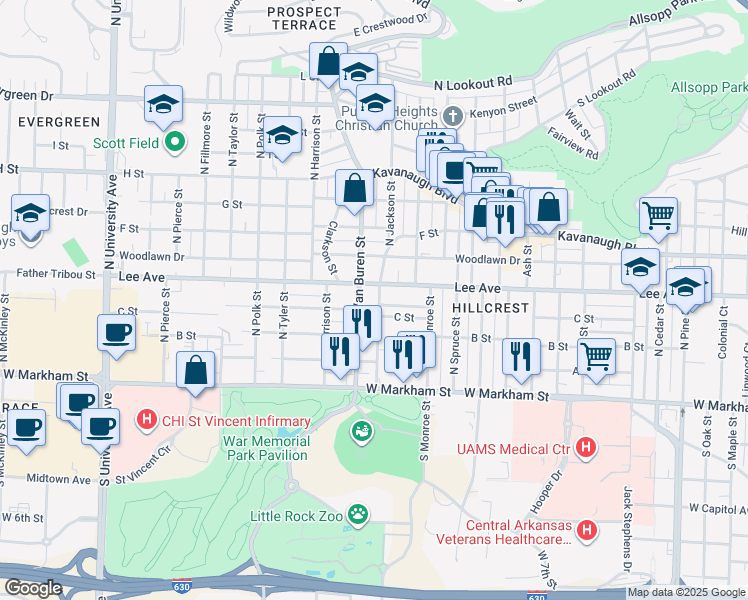 map of restaurants, bars, coffee shops, grocery stores, and more near 404 North Jackson Street in Little Rock