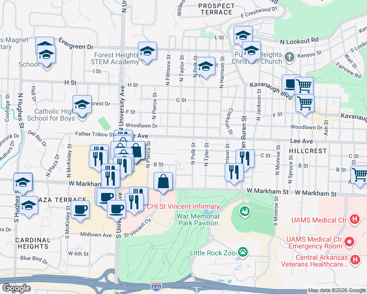 map of restaurants, bars, coffee shops, grocery stores, and more near 5516 C Street in Little Rock