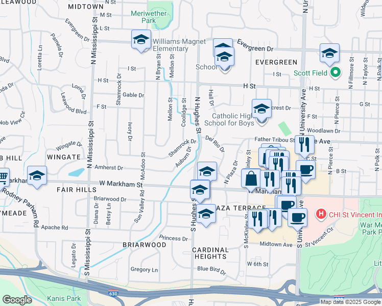 map of restaurants, bars, coffee shops, grocery stores, and more near 323 Auburn Drive in Little Rock