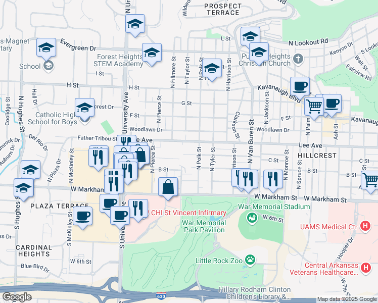 map of restaurants, bars, coffee shops, grocery stores, and more near 5516 C Street in Little Rock
