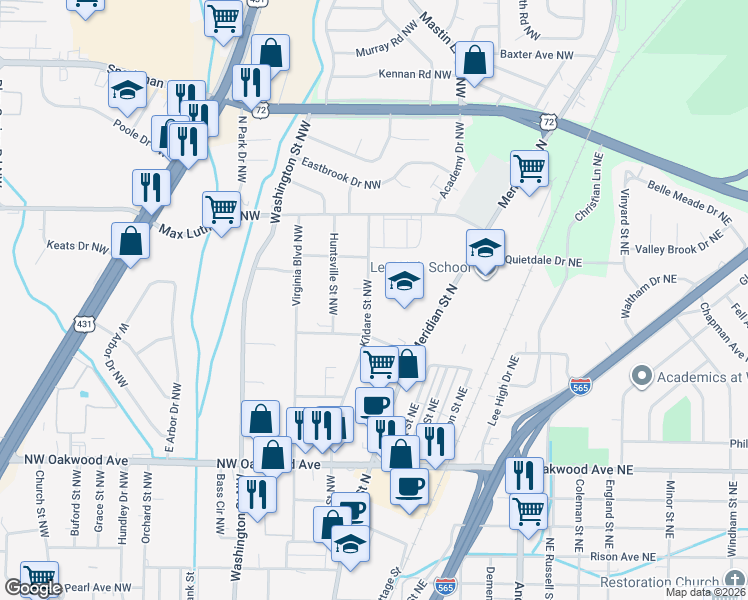 map of restaurants, bars, coffee shops, grocery stores, and more near 2414 Kildare Street Northwest in Huntsville