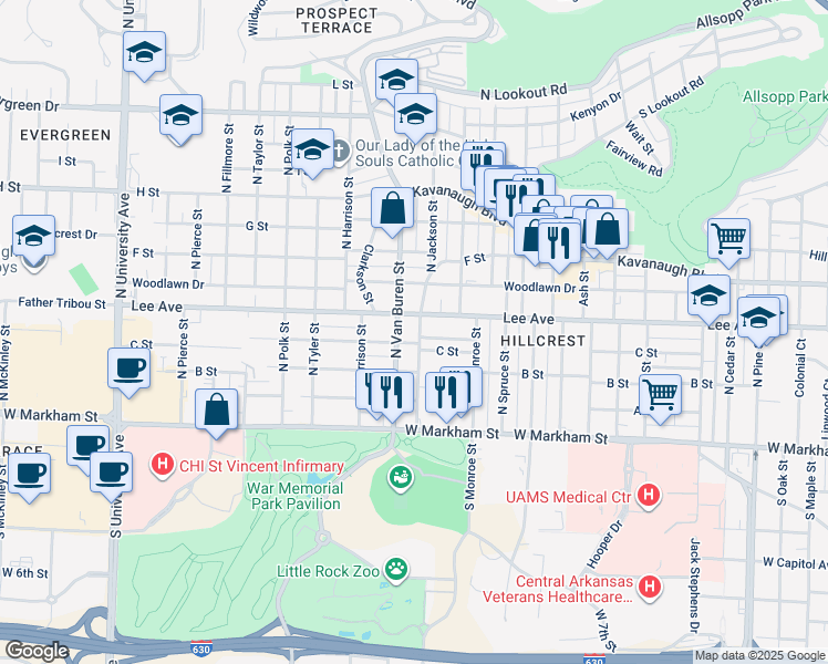map of restaurants, bars, coffee shops, grocery stores, and more near 404 North Jackson Street in Little Rock