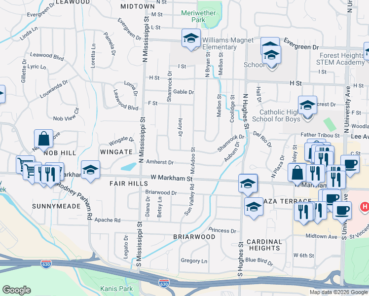map of restaurants, bars, coffee shops, grocery stores, and more near 401 Ivory Drive in Little Rock