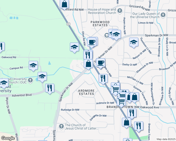 map of restaurants, bars, coffee shops, grocery stores, and more near 1920 Sparkman Drive Northwest in Huntsville