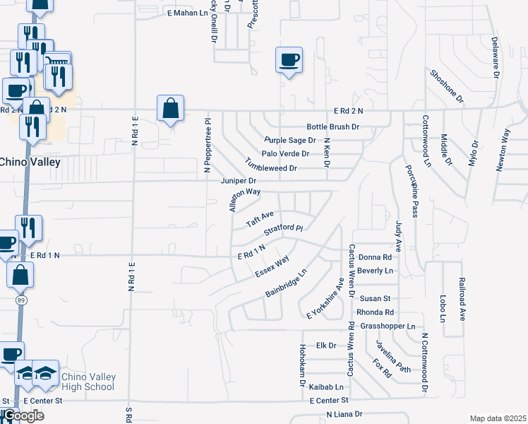 map of restaurants, bars, coffee shops, grocery stores, and more near 1450 Taft Avenue in Chino Valley