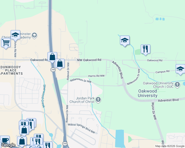 map of restaurants, bars, coffee shops, grocery stores, and more near 5497 Oakwood Road Northwest in Huntsville