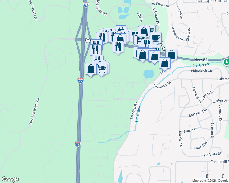 map of restaurants, bars, coffee shops, grocery stores, and more near 1465 Westover Place in Dalton