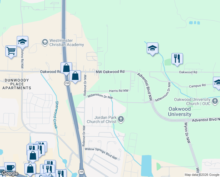 map of restaurants, bars, coffee shops, grocery stores, and more near 5497 Oakwood Road Northwest in Huntsville