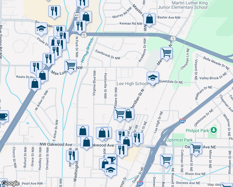 map of restaurants, bars, coffee shops, grocery stores, and more near 2414 Kildare Street Northwest in Huntsville