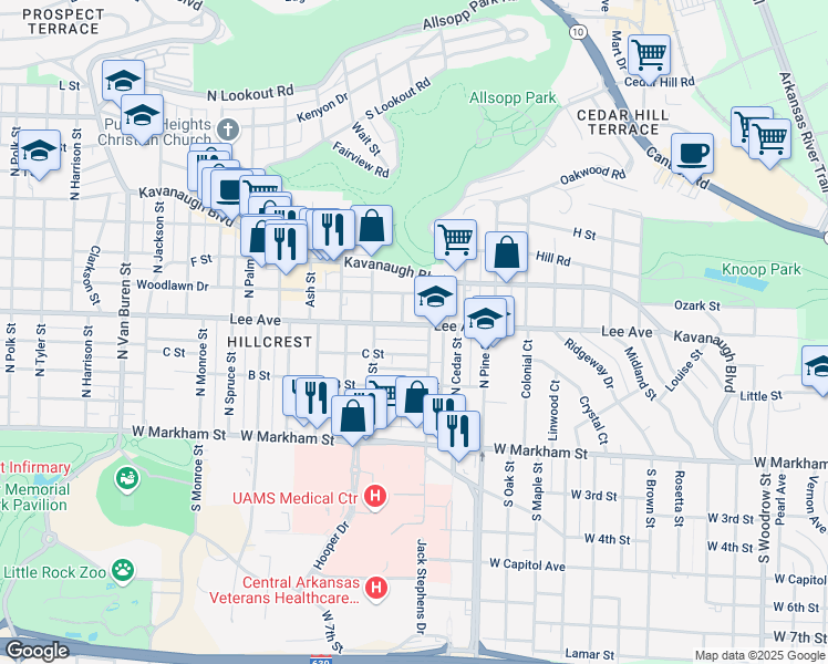 map of restaurants, bars, coffee shops, grocery stores, and more near 4115 Lee Avenue in Little Rock
