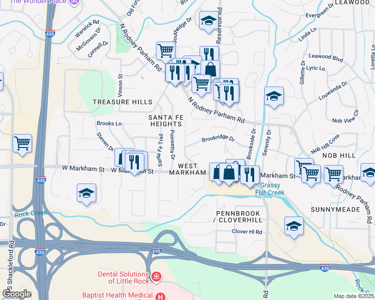 map of restaurants, bars, coffee shops, grocery stores, and more near 215 Burnside Drive in Little Rock