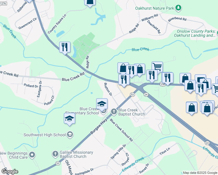 map of restaurants, bars, coffee shops, grocery stores, and more near 129 Bratton Drive in Jacksonville