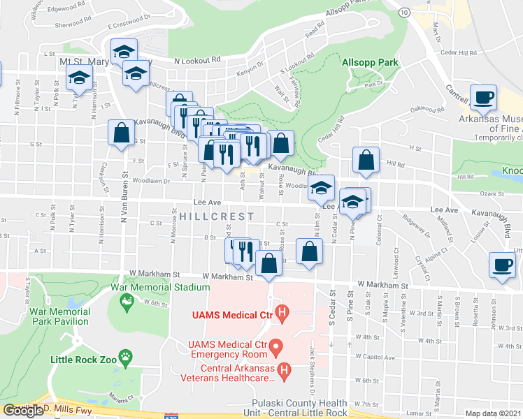 map of restaurants, bars, coffee shops, grocery stores, and more near 420 Walnut Street in Little Rock