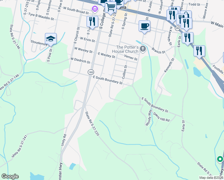map of restaurants, bars, coffee shops, grocery stores, and more near 713 South Spring Street in Walhalla