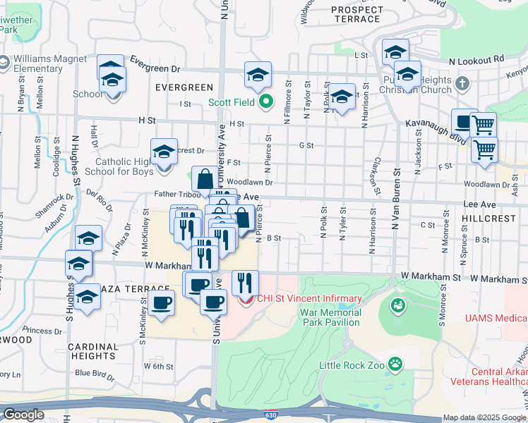 map of restaurants, bars, coffee shops, grocery stores, and more near 409 North Pierce Street in Little Rock