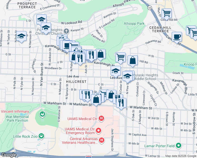 map of restaurants, bars, coffee shops, grocery stores, and more near 4217 Lee Avenue in Little Rock