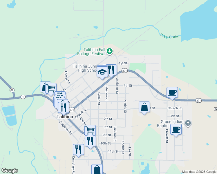 map of restaurants, bars, coffee shops, grocery stores, and more near 401 Isherwood in Talihina